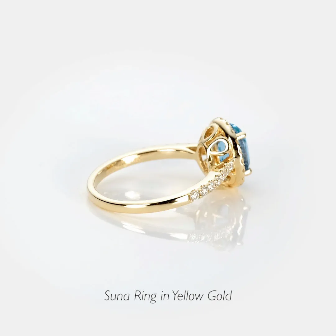 Oval Swiss Blue Topaz Halo Ring 14k Gold - Suna