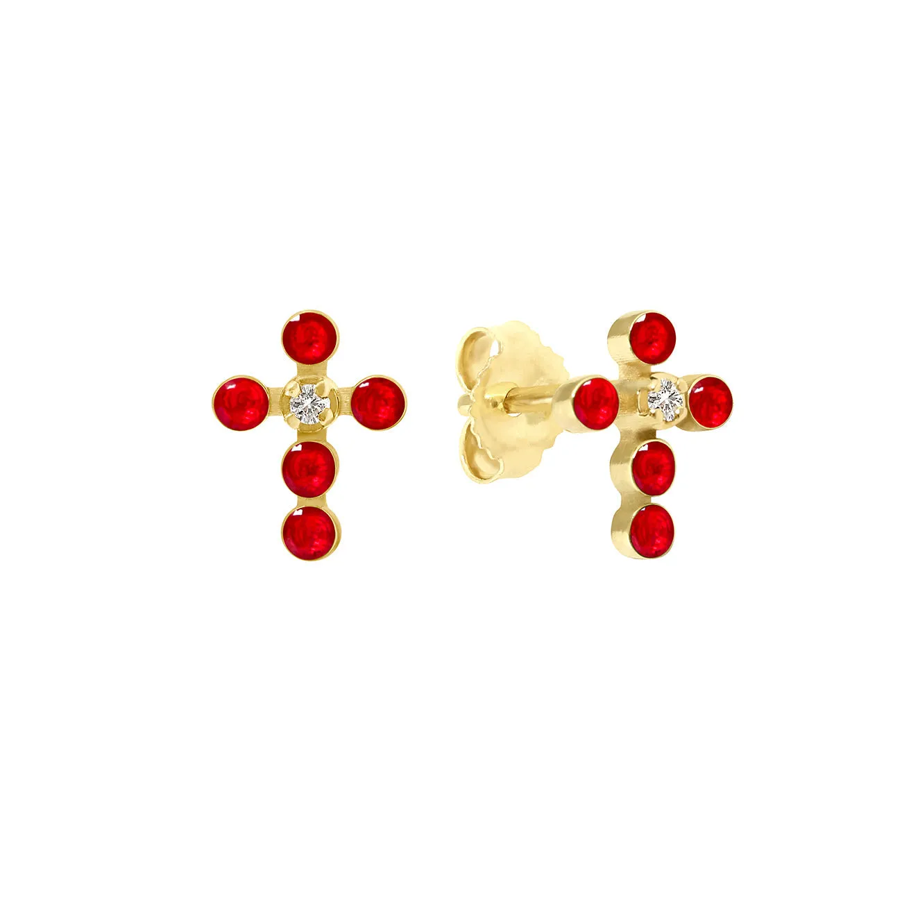 Pearled Cross Diamond Earrings, Ruby, Yellow Gold