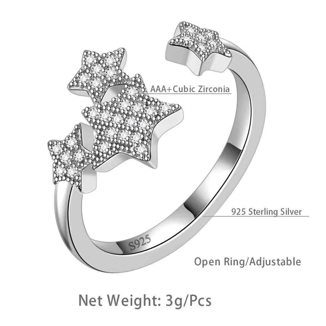 Pentagram Stars Adjustable Rings Women Jewelry 925 Sterling Silver Aurora Tears