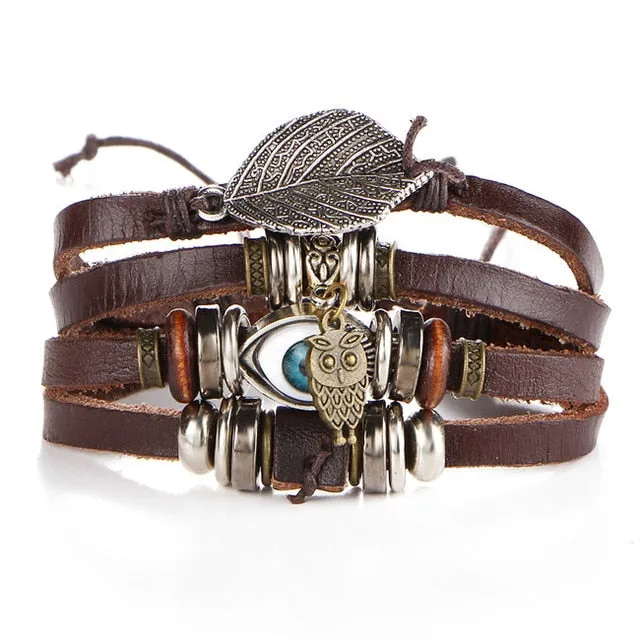 Punk Design Turkish Eye Bracelets For Unisex Wristband Owl Leather