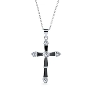 Religious Vintage Faith Hope Love CZ Black Onyx Cross Pendant Necklace Silver