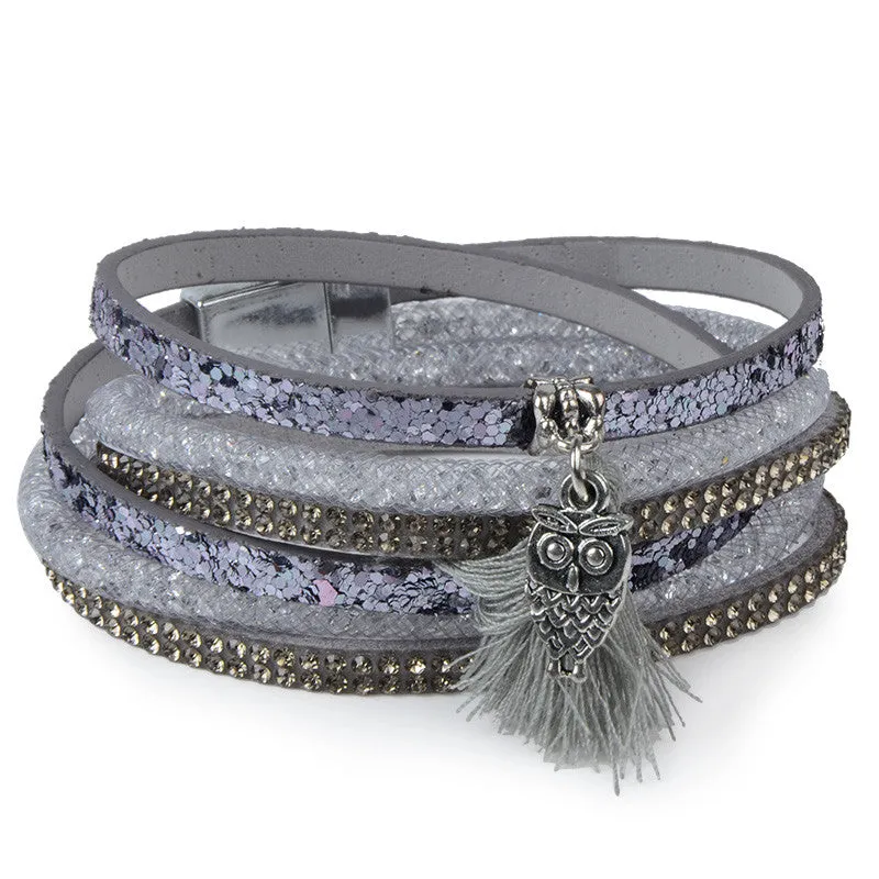 Rhinestone Feather Wide Multilayer Leather Bracelet Magnetic Tassel Bracelet Women Wrap Charm Boho Bohemian Bracelets Bangle