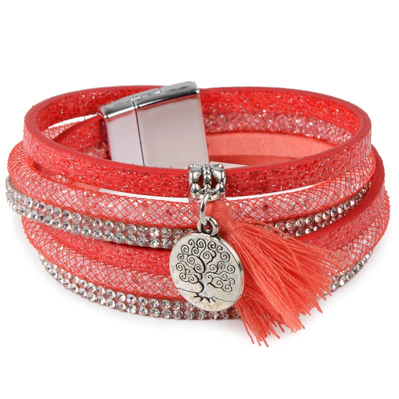 Rhinestone Feather Wide Multilayer Leather Bracelet Magnetic Tassel Bracelet Women Wrap Charm Boho Bohemian Bracelets Bangle