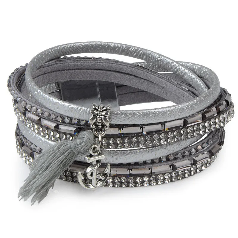 Rhinestone Feather Wide Multilayer Leather Bracelet Magnetic Tassel Bracelet Women Wrap Charm Boho Bohemian Bracelets Bangle