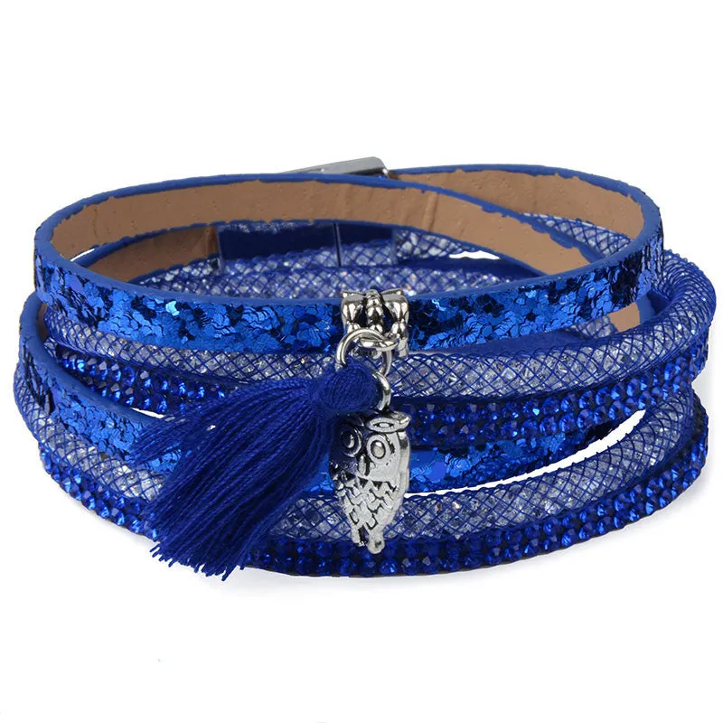 Rhinestone Feather Wide Multilayer Leather Bracelet Magnetic Tassel Bracelet Women Wrap Charm Boho Bohemian Bracelets Bangle