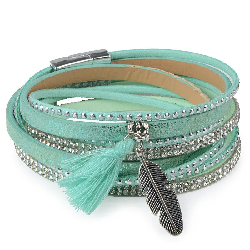 Rhinestone Feather Wide Multilayer Leather Bracelet Magnetic Tassel Bracelet Women Wrap Charm Boho Bohemian Bracelets Bangle