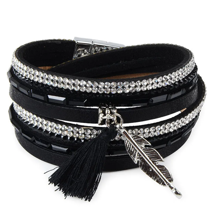 Rhinestone Feather Wide Multilayer Leather Bracelet Magnetic Tassel Bracelet Women Wrap Charm Boho Bohemian Bracelets Bangle