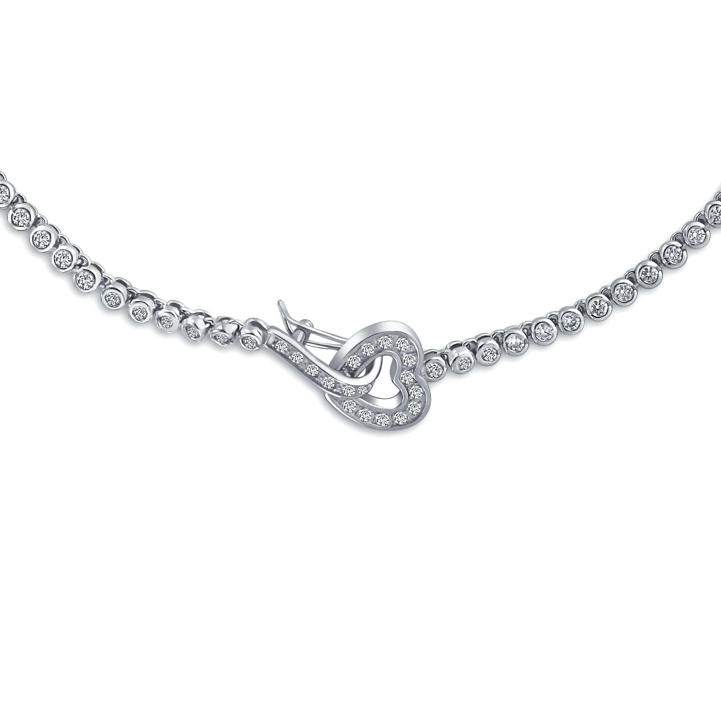 Romantic Bridal Collar Necklace with Heart Clasp and CZ Bubble Bezel Silver Plated