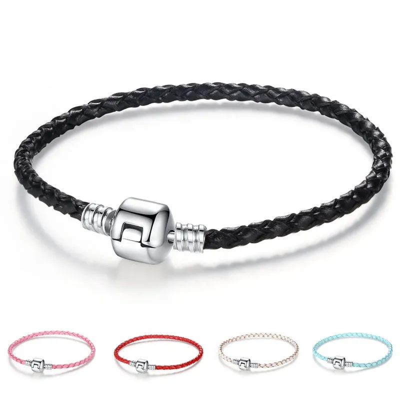 Silver Plated Clasp Genuine Leather Bracelet Fit Women Men Original Charm Bracelet Necklace DIY Jewelry