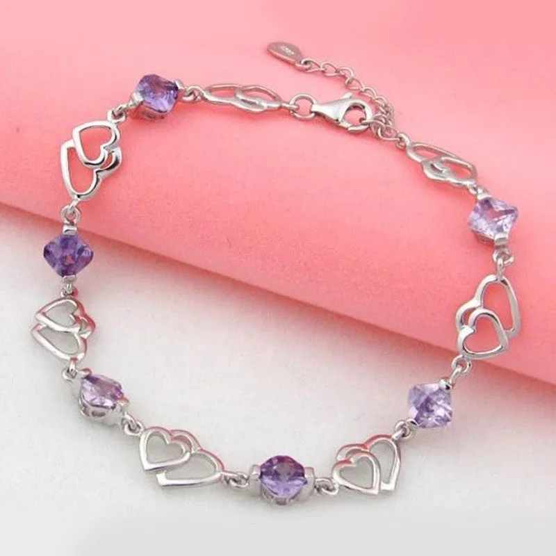 Silver plated double heart-shaped amethyst bracelet fashion female models cute vintage jewelry amethyst jewelry