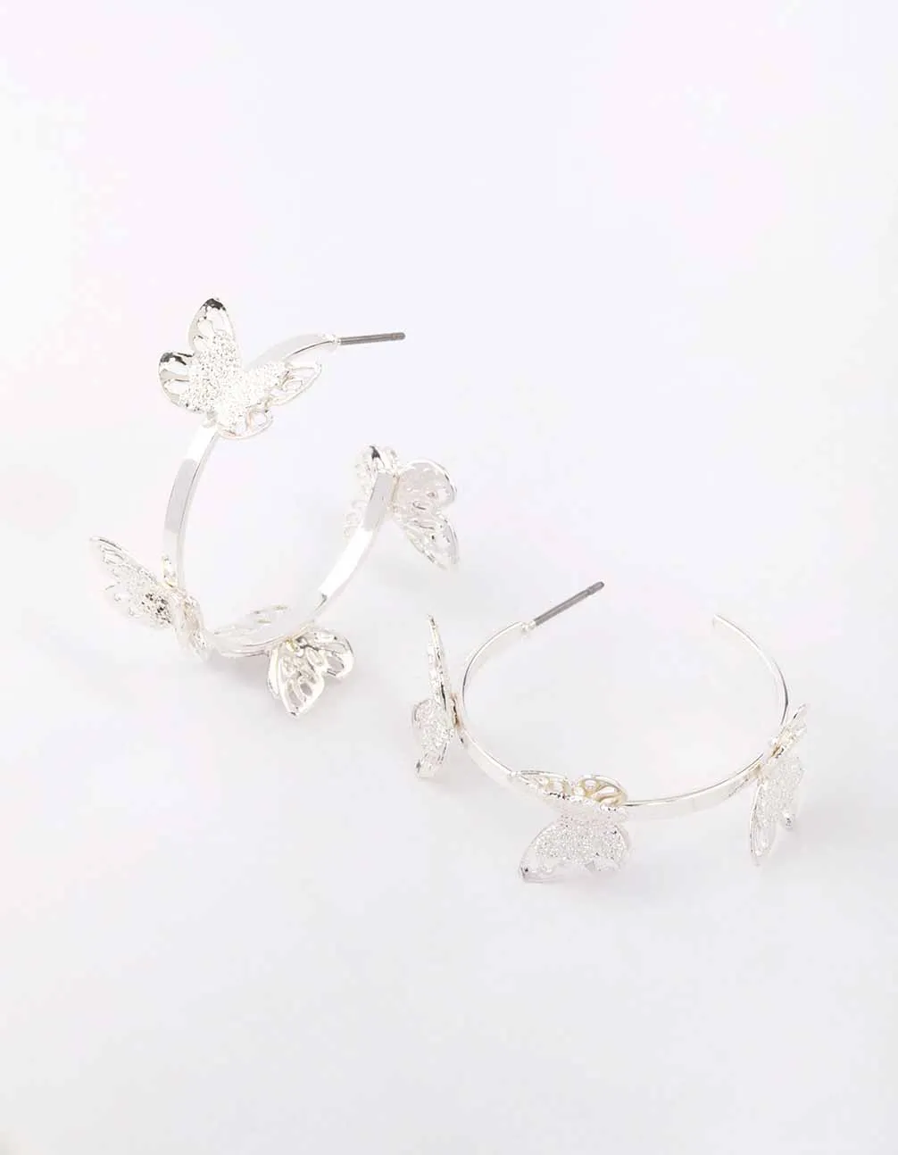 Silver Sandblast Butterfly Hoop Earrings