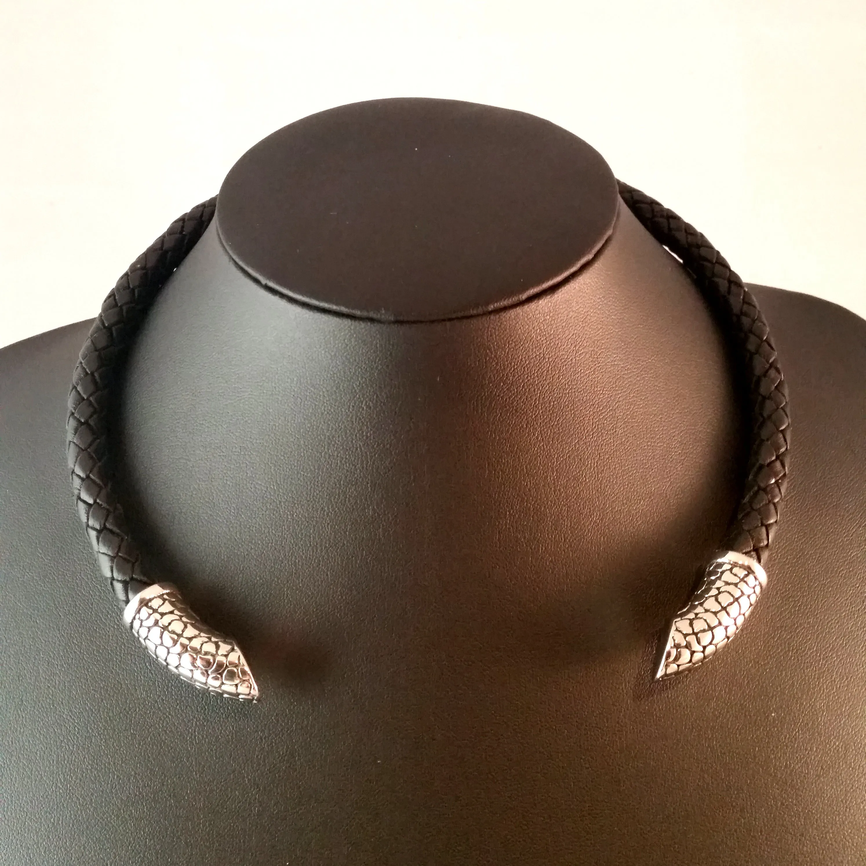 Silver Torc Necklace Black Leather Choker