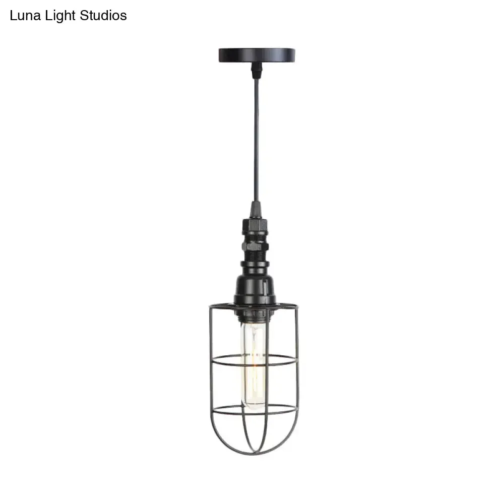 Sleek Black Caged Iron Pendant Light - Farmhouse Style for Coffee Shops - 1 Bulb Suspension