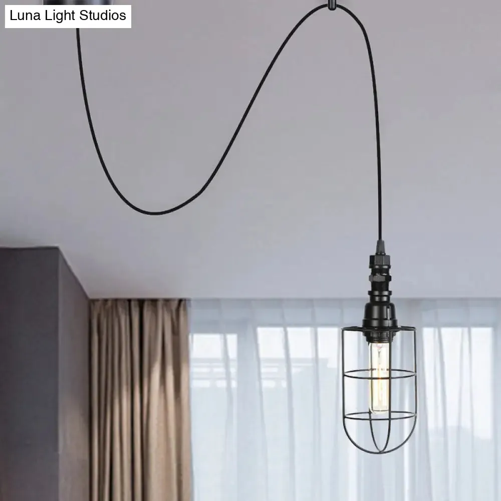 Sleek Black Caged Iron Pendant Light - Farmhouse Style for Coffee Shops - 1 Bulb Suspension