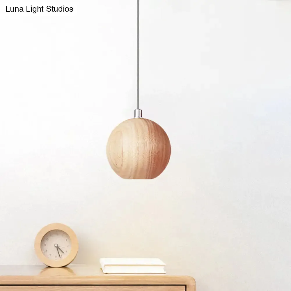 Sleek Sphere Wood Drop Pendant Light - Beige LED Ceiling Lamp for Study Room