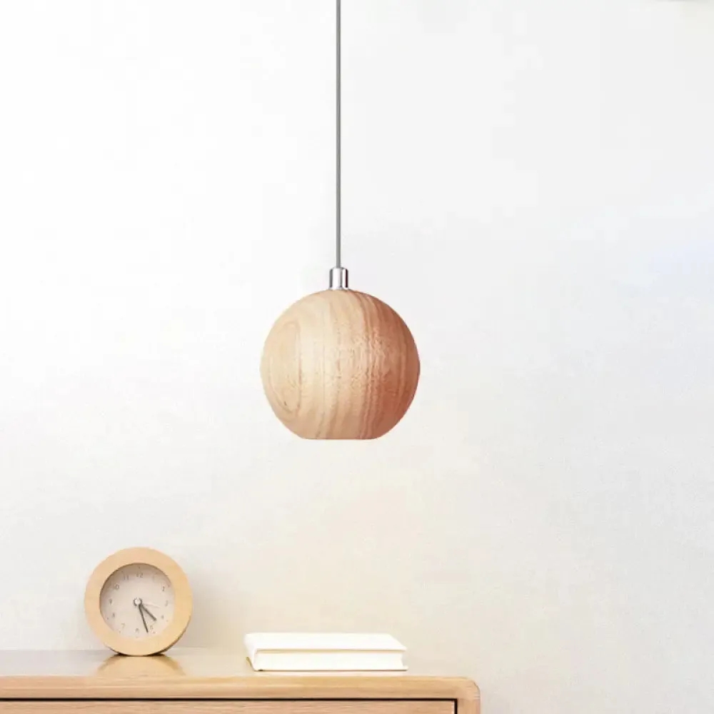 Sleek Sphere Wood Drop Pendant Light - Beige LED Ceiling Lamp for Study Room