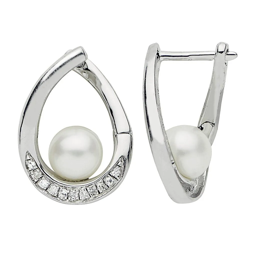 Sterling Silver Freshwater Pearl and Diamond Earrings, 6-6.5mm Pearls