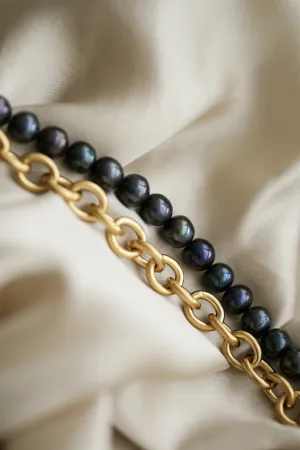 Tahitian Black Pearls & Chain Necklace