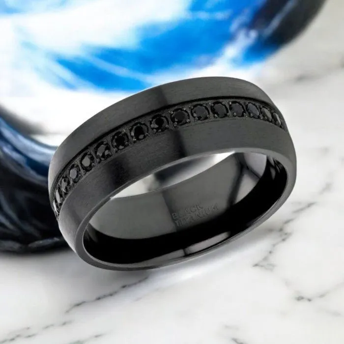 TALON | Black Titanium Ring, Black Sapphires Inlay, Domed