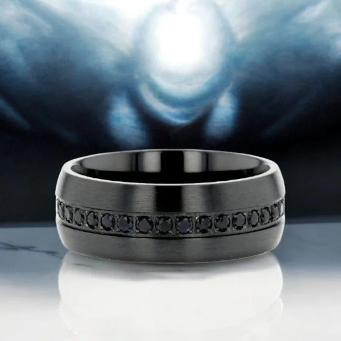 TALON | Black Titanium Ring, Black Sapphires Inlay, Domed