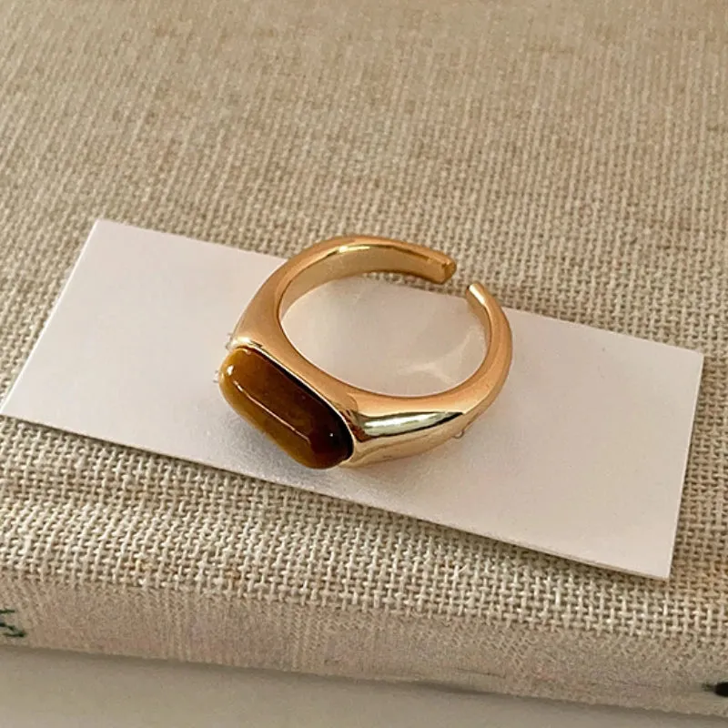 VAIGE Elegant Vintage Gold Metal Open Rings with Brown Stone Accent