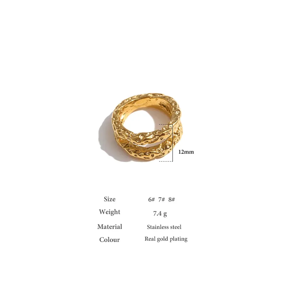 VAIGE Gold Textured Stainless Steel Round Cocktail Ring - 18K Plated Trendy Statement Jewelry Gift