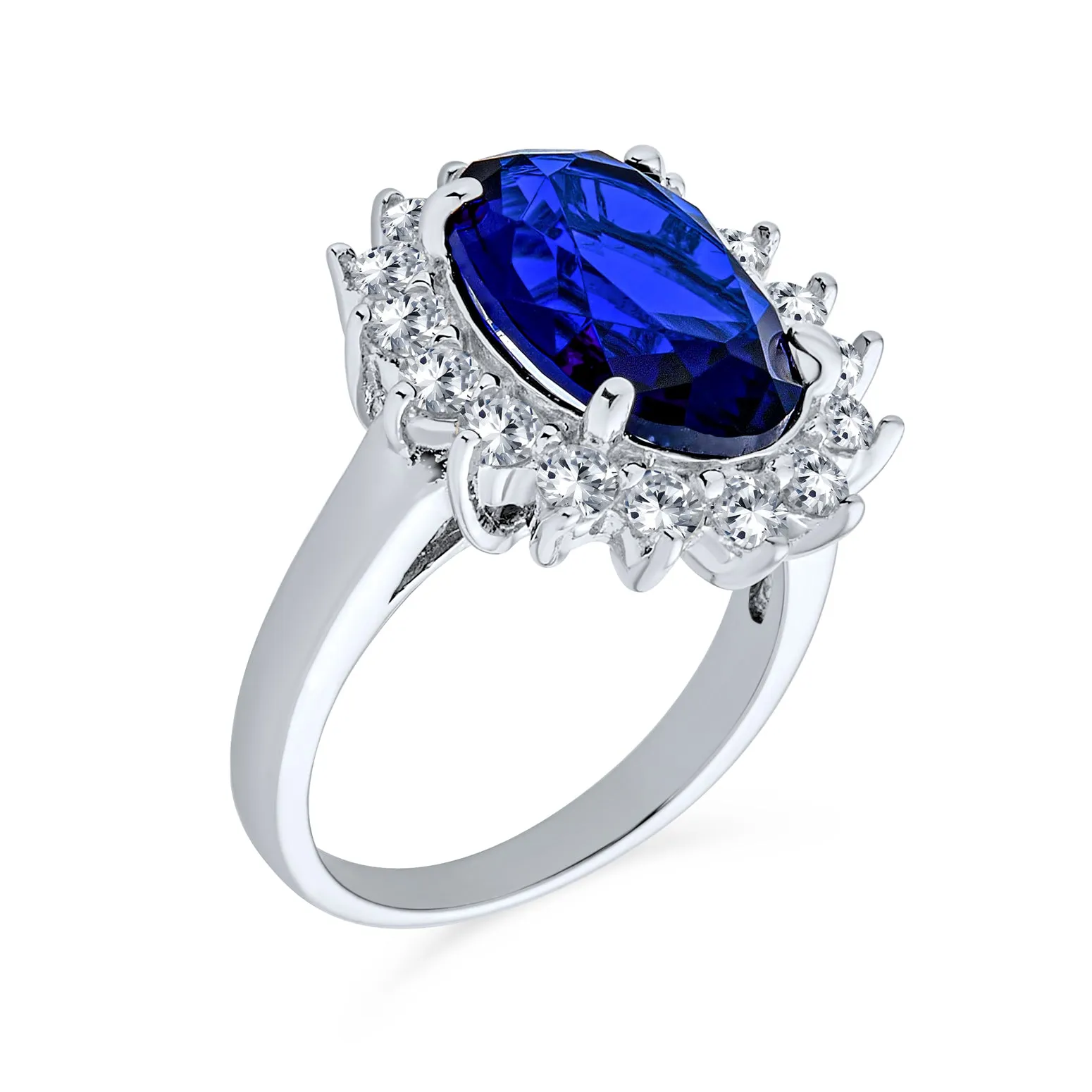 Vintage Style Oval CZ Sapphire Engagement Ring in Sterling Silver, 5-7 Karat Halo