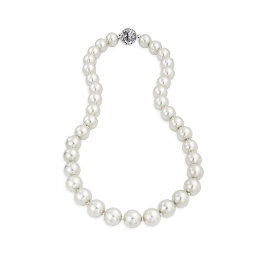 White Pearl Strand Necklace with Rhodium Crystal Clasp 10MM 16 Inch