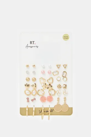 Women Gold Embellished Stud Set (21 Pair)