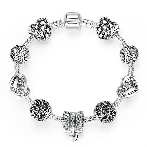 Women Original Silver Crystal Four Leaf Clover Bracelet with Clear Murano Glass Beads Women