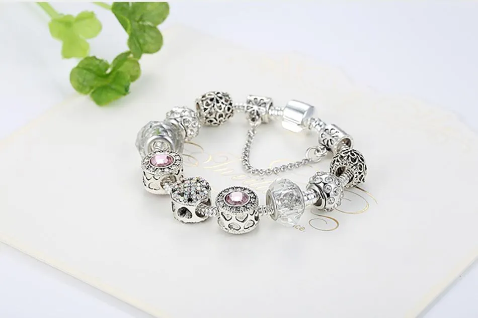 Women Original Silver Crystal Four Leaf Clover Bracelet with Clear Murano Glass Beads Women