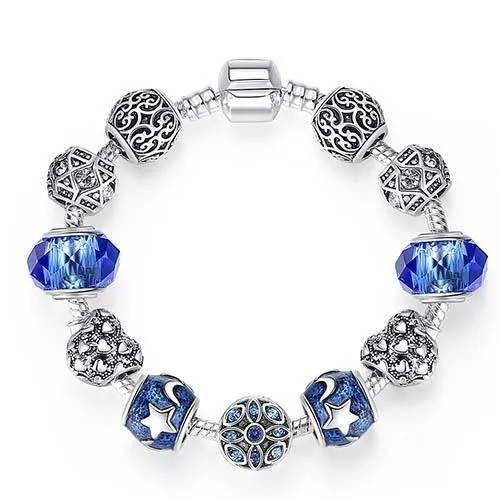 Women Original Silver Crystal Four Leaf Clover Bracelet with Clear Murano Glass Beads Women