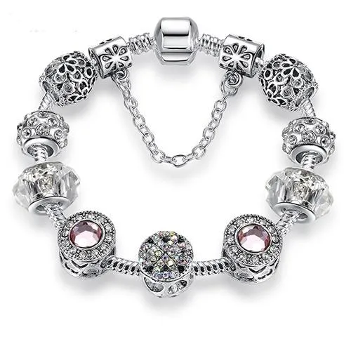 Women Original Silver Crystal Four Leaf Clover Bracelet with Clear Murano Glass Beads Women