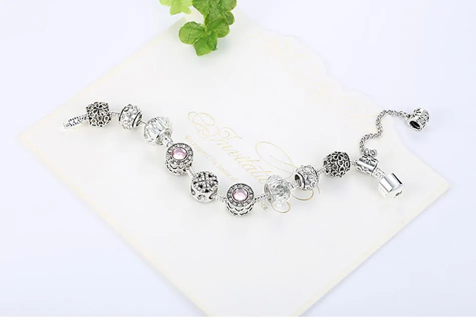 Women Original Silver Crystal Four Leaf Clover Bracelet with Clear Murano Glass Beads Women