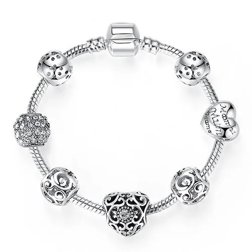 Women Original Silver Crystal Four Leaf Clover Bracelet with Clear Murano Glass Beads Women