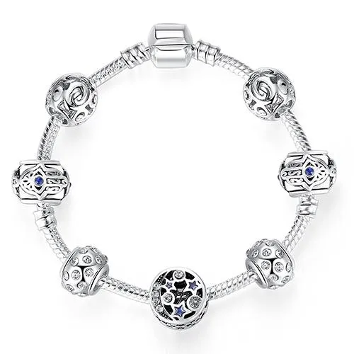 Women Original Silver Crystal Four Leaf Clover Bracelet with Clear Murano Glass Beads Women