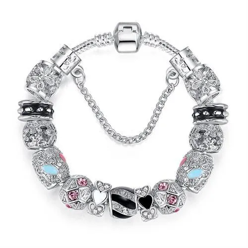 Women Original Silver Crystal Four Leaf Clover Bracelet with Clear Murano Glass Beads Women