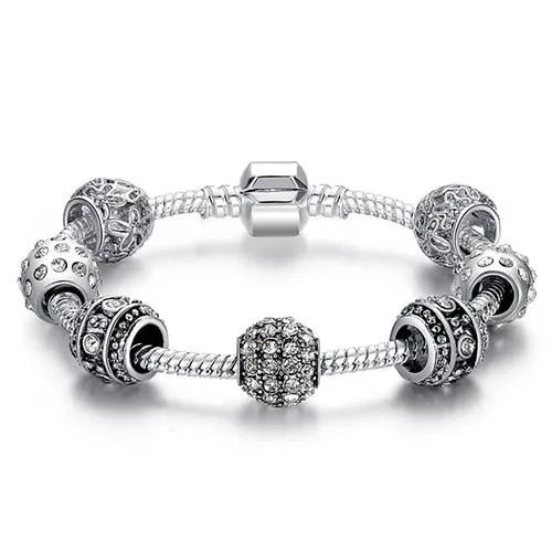 Women Original Silver Crystal Four Leaf Clover Bracelet with Clear Murano Glass Beads Women