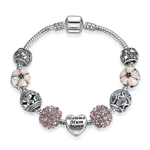 Women Original Silver Crystal Four Leaf Clover Bracelet with Clear Murano Glass Beads Women