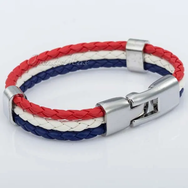 World Cup National Flags Sports 3 Strands Rope Braided Surfer Leather Bracelets