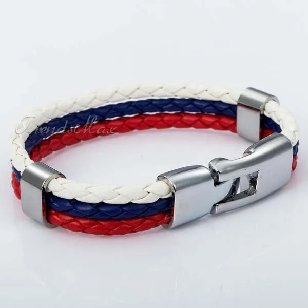 World Cup National Flags Sports 3 Strands Rope Braided Surfer Leather Bracelets