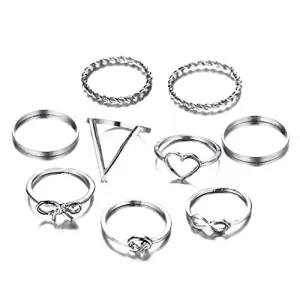 Yellow Chimes 9 Pcs Combo Boho Vintage Style Silver Plated Knuckle Rings Set Copper Ring for Women (Silver)