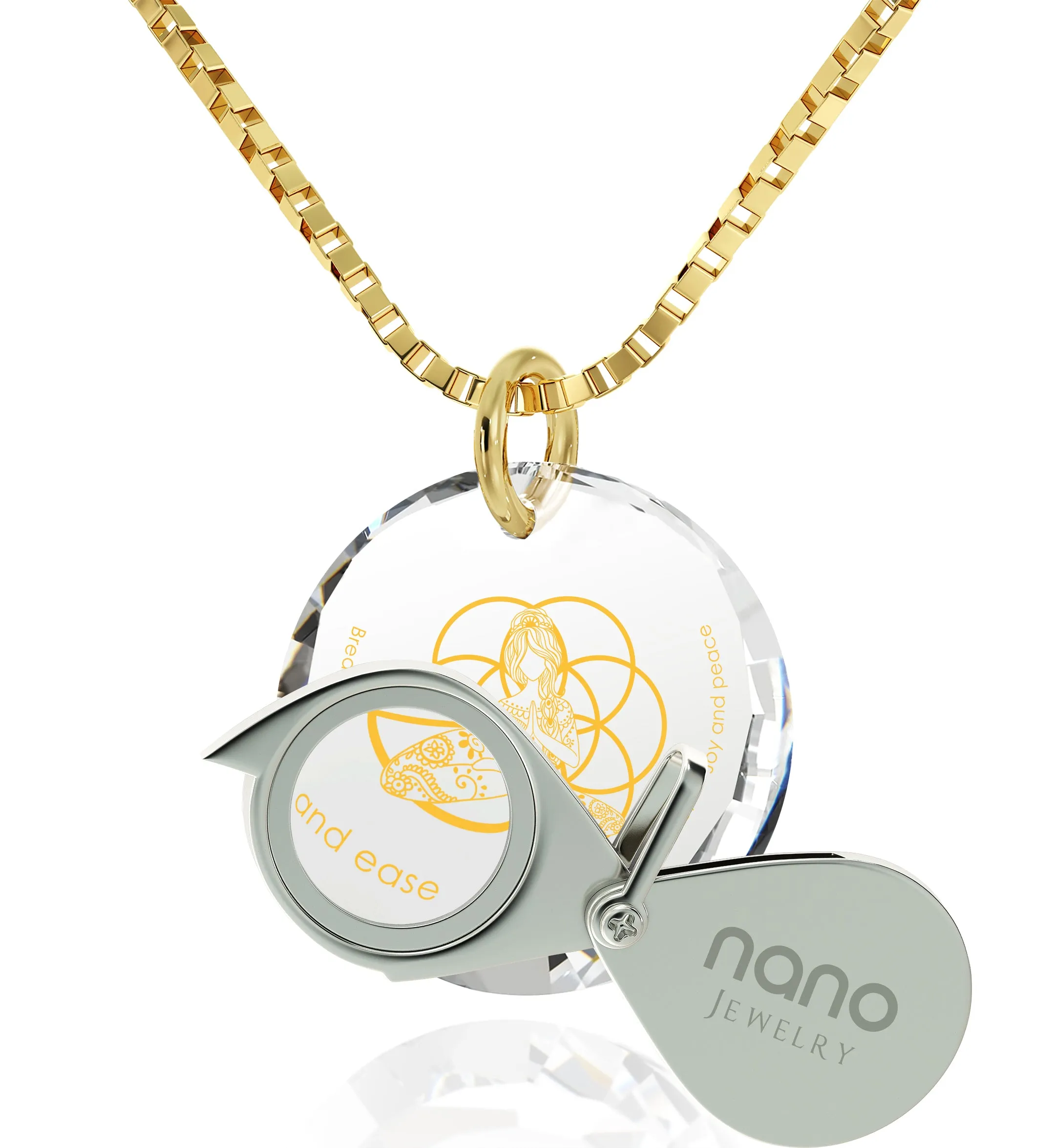 Yoga Charm Necklace Seed of Life Pendant 24k Gold Inscribed CZ