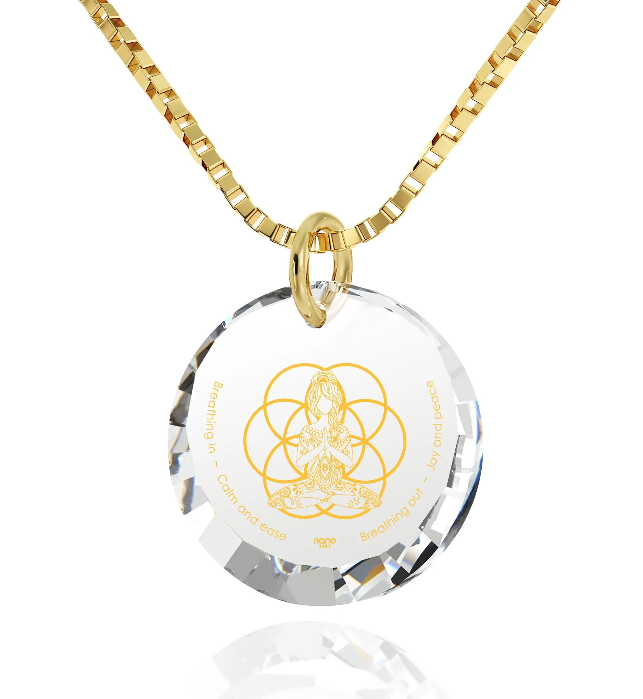 Yoga Charm Necklace Seed of Life Pendant 24k Gold Inscribed CZ